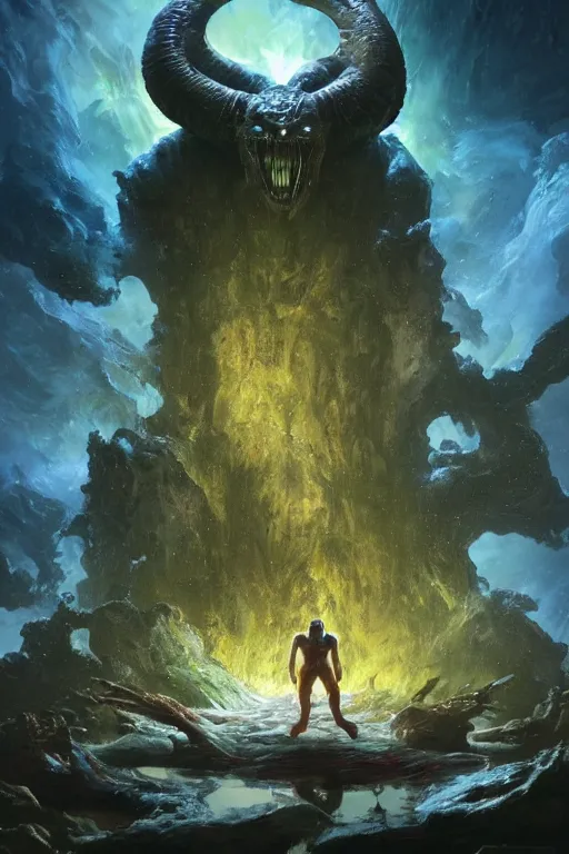 Prompt: a huge muscular demon with ram's horns and glowing eyes emerges from a pond on rocky alien world, water splashing cascading, alien flora and fauna, space background nebula nasa, by ruan jia, jack kirby, norman rockwell, wayne barlow, sergey krasovskiy, zdzislaw beksinski, artstation 3 d render character creature