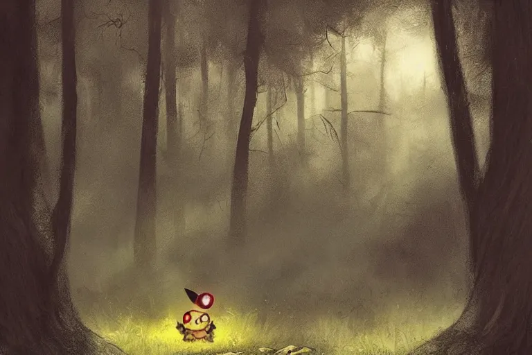 Prompt: Pikachu in the forest, horror, illustrated by Greg Rutkowski and Caspar David Friedrich, Trending on artstation, artstationHD, artstationHQ