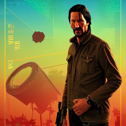 Prompt: keanu reevez in disco elysium, game poster, digital art, by aleksander rostov, disco elysium style, garain, glitch