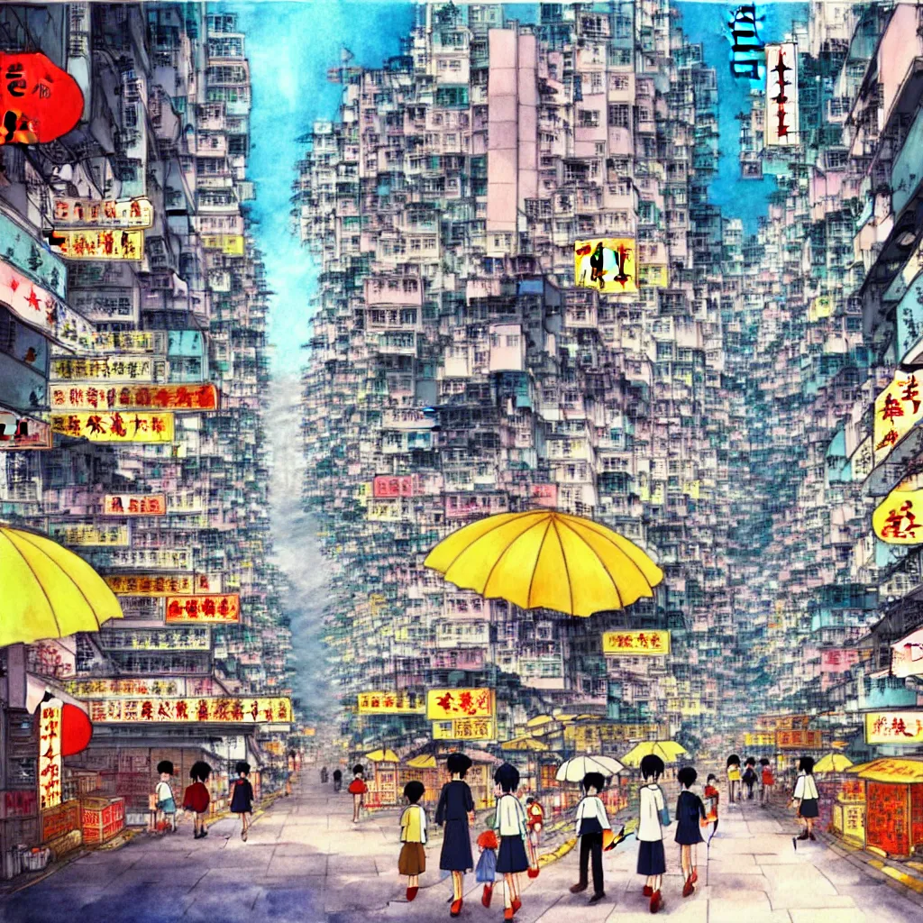 Prompt: a beautiful painting of hong kong street scene, in the style of hayao miyazaki