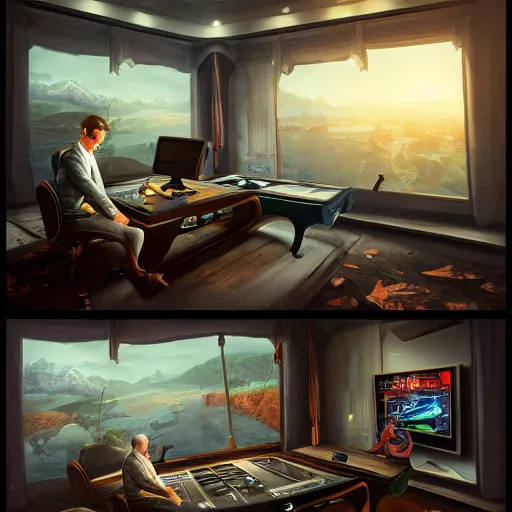 Image similar to realistic rich man using laptop in gaming room, artstation trends, future concept art, highly detailed, intricate, sharp focus, digital art, 8 k