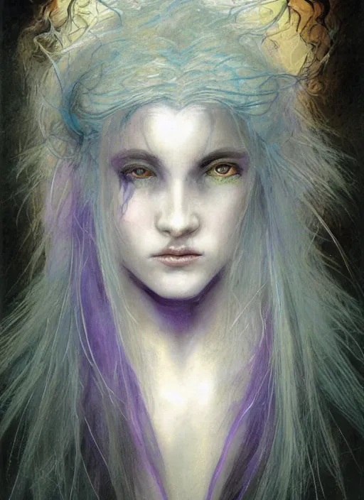 Image similar to portrait of young female sorceress of the endtimes, transluscent skin, lavender hair, beautiful! coherent! dungeons and dragons character, by brian froud, strong line, cool night color, high contrast