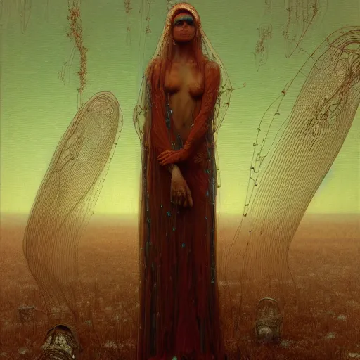 Image similar to portrait of a woman, covered in transparent cloth, plastic, glowing eyes, flat background, Masterpiece, glowing, wires everywhere, by Edgar Maxence and Ross Tran, Zdzisław Beksiński, and Michael Whelan, distant, gustav dore, H.R. Giger, 8k, octane render