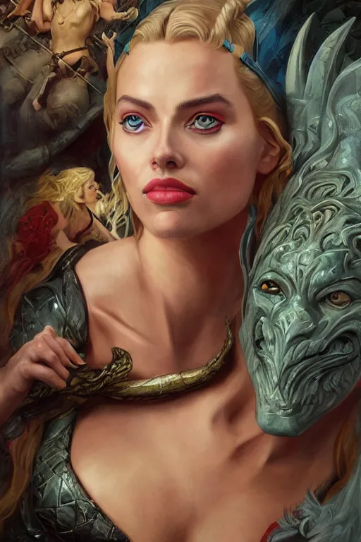 Prompt: A fantasy comic book style portrait painting of Margot Robbie, Scarlett Johansson, as an Atlantean Reptilian Warrior, Mystical Valkyrie, François Boucher, Oil Painting, unreal 5, DAZ, hyperrealistic, octane render, Regal, Refined, Detailed Digital Art, RPG portrait, William-Adolphe Bouguereau, Michael Cheval, Walt Disney (1937), Steampunk, dynamic lighting, Highly Detailed, Cinematic Lighting, Unreal Engine, 8k, HD