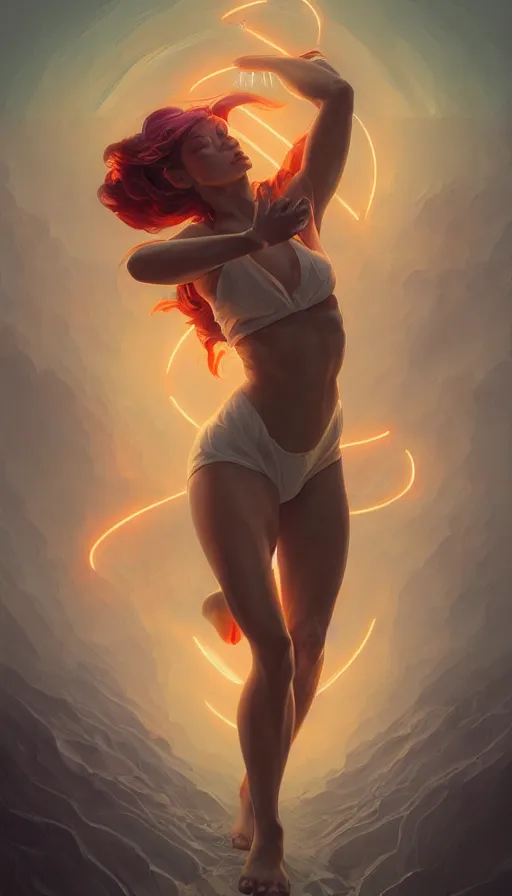 Image similar to mythologyt, neon, academic action pose, minimalistic, fibonacci, sweat drops, insane, pinup, intricate, highly detailed, digital painting, artstation, concept art, smooth, sharp focus, illustration, Unreal Engine 5, 8K, art by artgerm and greg rutkowski and alphonse mucha