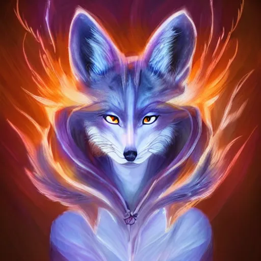 Image similar to a painted avatar portrait of an awesome powerful humanoid kitsune fox mage themed around life and death, in the style of dnd beyond avatar portraits, beautiful, artistic, elegant, lens flare, magical, lens flare, nature, realism, stylized