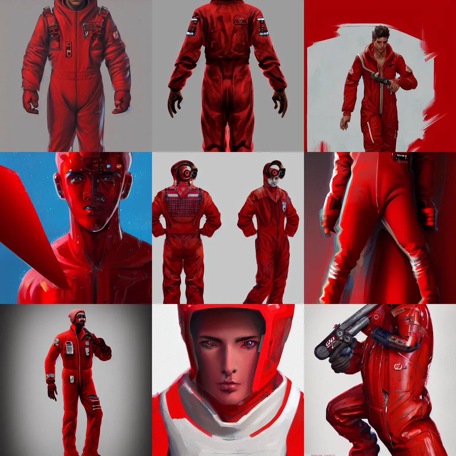 Prompt: a male humanoid figure wearing red coveralls, intricate, highly detailed, digital painting, artstation, concept art, smooth, sharp focus, illustration, 8 k