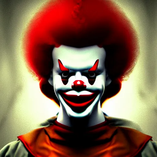 Image similar to the evil, horrible version of Ronald McDonald, background is the silent hill version of a McDonald\'s, epic full shot, cinematic lighting, Extremely detailed, polaroid shot, Artstationhd, 8k, award winning on Artstation, hyper detailed, hyper realistic