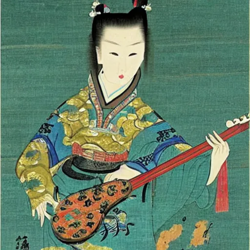 Image similar to the Chinese ancient painting of a lady playing rock guitar in Tang Dynasty , by Han Xizai