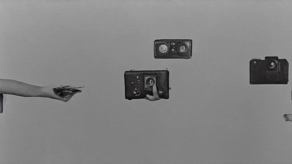 Image similar to Two people holding cameras and facing each other, by Gertrude Abercrombie