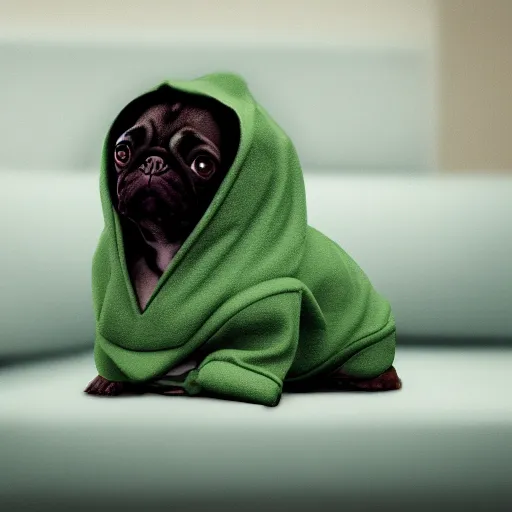 Prompt: a Pug wearing a green hoodie sitting on a couch, photo realistic, trending on artstation, HDR, nicely detailed, 8k