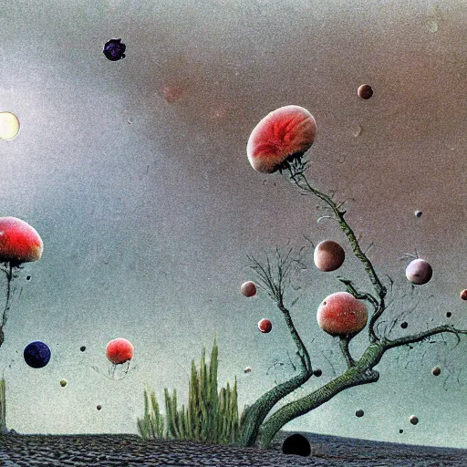 Image similar to a landscape on the moon with many craters, barren moon landscape, a broken moon lander, in a big crater at the center there is a beautiful flowering garden, 8 k, lowbrow in the style of roger dean and martin johnson heade and daniel merriam,