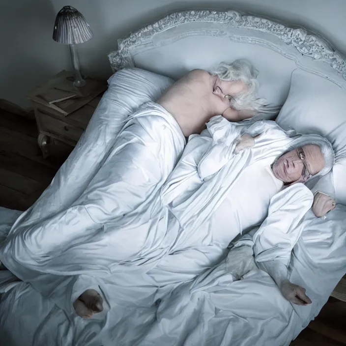 Prompt: a 7 0 year old white haired man lays on a bed, a transparent iridescent figure levitates above him, by gregory crewdson, canon eos c 3 0 0, ƒ 1. 8, 3 5 mm, 8 k, medium - format print