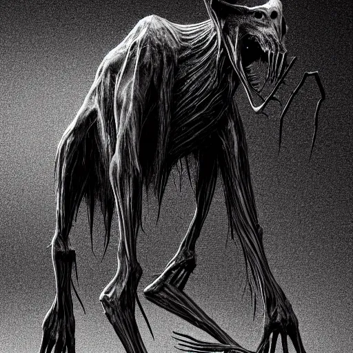 Image similar to tall bipedal creature in the darkness, long claws, large long pointy teeth, drooling, hunched over, hairless, dark cavern, no light, highly intricate, detailed, 8 k