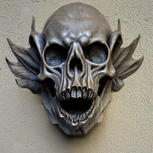 Image similar to gothic sculpture of gargoyle skull, with decorative floret design surrounding, deep texture, intense detail, hyperealism, 4 k
