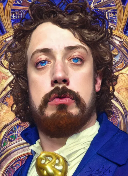 Image similar to Sam Hyde in a Celestial royal blue suit, luxurious theme, starring in Thor Ragnarok film, gold suit, sigma male, accurately portrayed, portrait art by alphonse mucha and greg rutkowski, highly detailed, digital painting, concept art, illustration, dim lighting with twilight rays of sunlight, trending on artstation, very detailed, smooth, sharp focus, octane render, close up