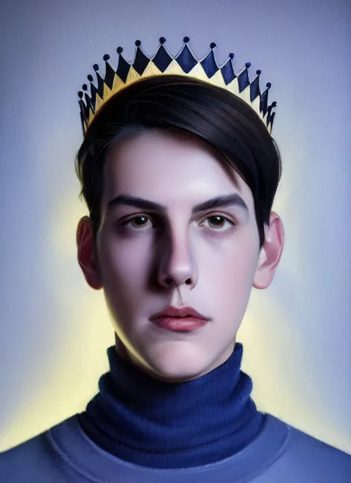 Image similar to portrait of teenage jughead jones wearing a light grey crown, crown, blue turtleneck, closed eyes, photorealistic, black hair, glowing lighting, intricate, elegant, glowing lights, highly detailed, digital painting, artstation, concept art, smooth, sharp focus, illustration, art by wlop, mars ravelo and greg rutkowski