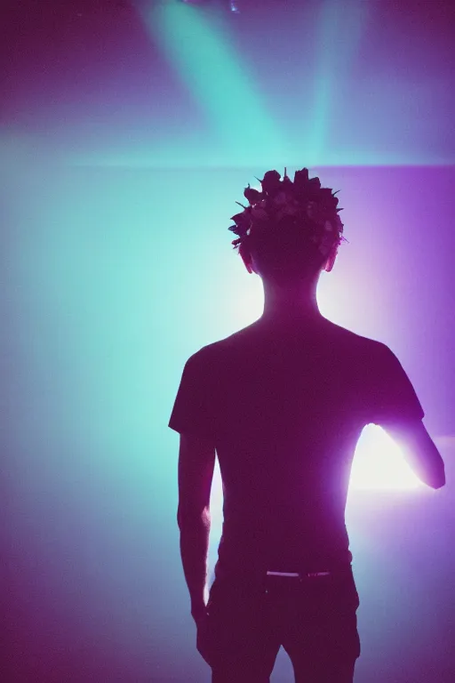 Prompt: agfa vista 4 0 0 photograph of a skinny guy in a rave club, futuristic, synth vibe, vaporwave colors, lens flare, flower crown, back view, moody lighting, moody vibe, telephoto, 9 0 s vibe, blurry background, grain, tranquil, calm, faded!,