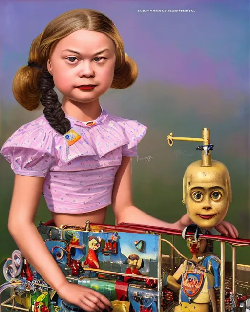 Image similar to closeup face profile portrait of greta thunberg as a tin toy 1 9 5 0 s prom queen, bikini, depth of field, zeiss lens, detailed and intricate environment, fashion photoshoot by nicoletta ceccoli, mark ryden, lostfish, breathtaking, 8 k resolution, artistic, hyperrealistic, octane render