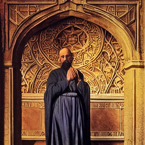 Image similar to a religious man with holes in his robes, old broken clothes, holes in a robe, holes in a religious man, annie swynnerton and nicholas roerich and jean delville, strong dramatic cinematic lighting, ornate tiled architecture, lost civilizations, smooth, sharp focus, extremely detailed