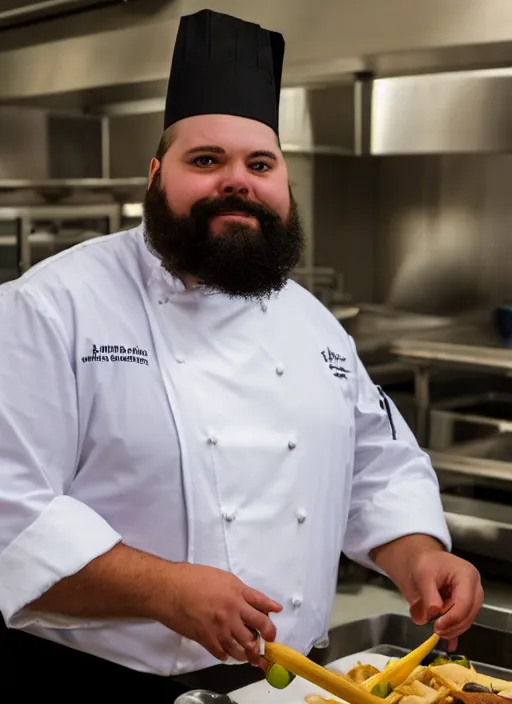 Image similar to portrait photo still of real life school chef jerome mcelroy fat bearded with chef hat in school cafeteria holding a ladel, 8 k, 8 5 mm, f. 1 4