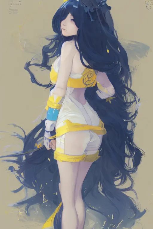 Prompt: a girl character design, full body, wavy white long hair, blue theme and eye - catching yellow assents, s line, 4 5 angel by krenz cushart and mucha and greg rutkowski, nier : automata inspired, 4 k resolution