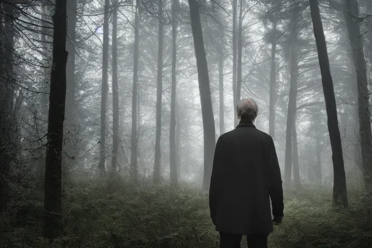 Image similar to a photorealistic cinematic headshot portrait of a skinny evil male scientist, stood in a spooky forest, fog, shrubbery, 8 k, detailed, backlight, deep focus, movie still, moody lighting, by werner herzog