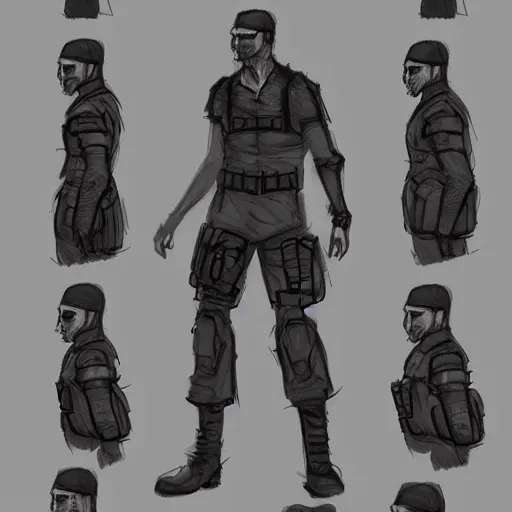 Prompt: ryan church concept art sketch cyberpunk solider black cloth character reference sheet