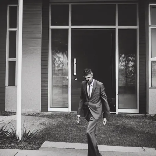 Image similar to a man in a suit wearing a tv while walking, front door camera