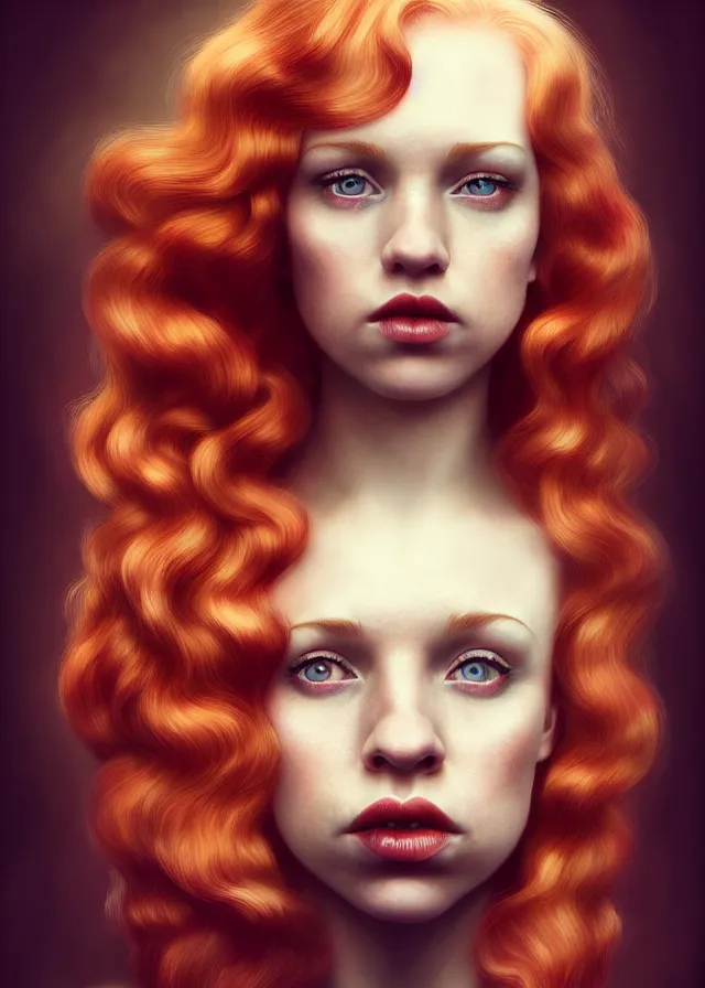 Image similar to epic portrait of stunning strawberry blonde femme fatale, hdr, 4 k,, leesha hannigan, reyna rochin, mark ryden, iris van herpen, best on artstation, cgsociety, wlop, pixiv, gorgeous, much wow, cinematic