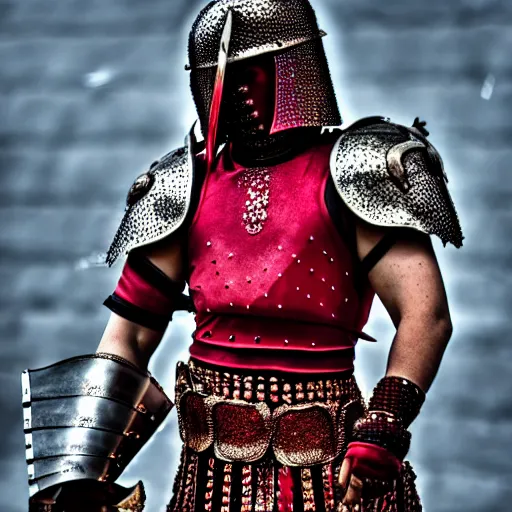 Image similar to photo of a real-life beautiful warrior with ruby encrusted armour