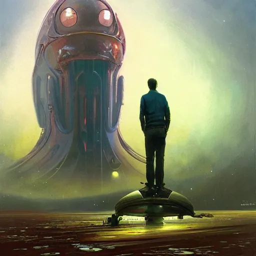 Image similar to a painting of a man standing in front of a giant alien, poster art john berkey and simon stalenhag and gilbert williams, cgsociety, space art, lovecraftian, cosmic horror, poster art