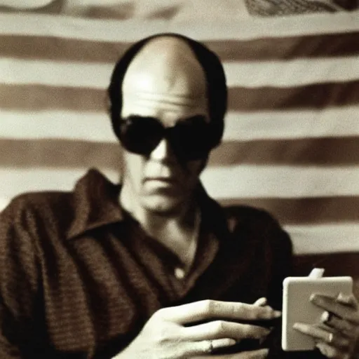 Prompt: 1 9 7 0 s vintage photograph of hunter s. thompson using an ipad, very detailed, very intricate,