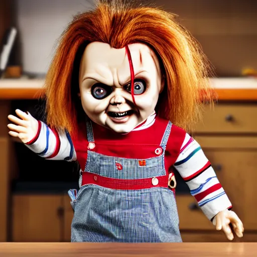 Image similar to chucky the killer doll on standing on a work bench table