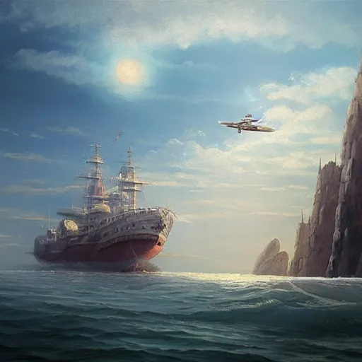 Image similar to a painting of a ship floating in the sky, a detailed matte painting by hayao miyazaki, cgsociety, sots art, official art, matte drawing, matte painting