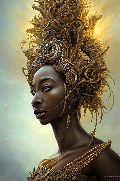 Prompt: a beautiful detailed 3 d matte painting of female dark skinned empress of light, by ellen jewett, tomasz alen kopera and justin gerard | symmetrical features, solemn, realism, intricate, ornate, royally decorated, halo, gilding, gilded, whirling smoke, particles, gold adornments, white splendid fabric, radiant colors, fantasy, trending