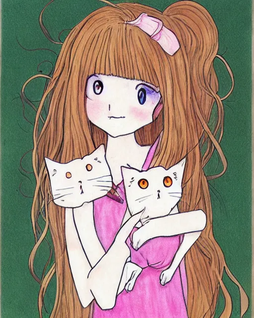 Prompt: a portrait of a young woman with very long pink hair undulating on the wind, light brown eyes, slightly chubby, pale skin, pretty, cute, holding a white cat. by naoko takeuchi