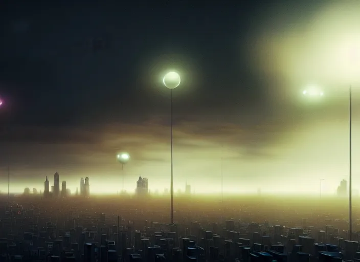 Image similar to glowing alien spheres over the city, fog, rain, volumetric lighting, beautiful, mystique, golden hour, sharp focus, ultra detailed, concept art, gilles beloeil, andy park, jan urschel, dylan cole, noir art house, 4 k, 3 5 mm, fujifilm