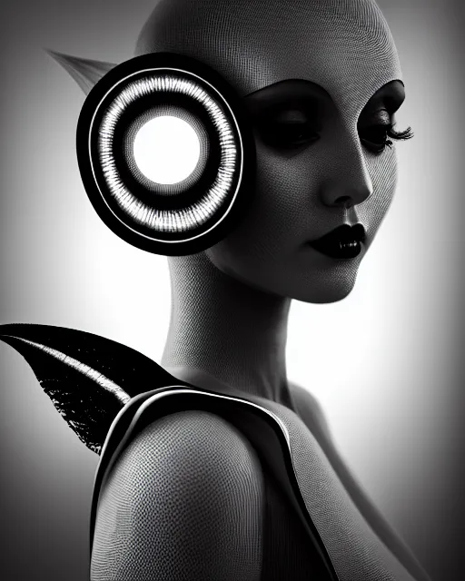 Image similar to surreal mythical dreamy dark artistic black and white fine art 3 / 4 fashion portrait photo of a young beautiful delicate female robot with orchid - owl face, rim light, cinematic, studio dramatic light, poetic, masterpiece, octane render, 8 k, photo - realistic by hg giger and man ray