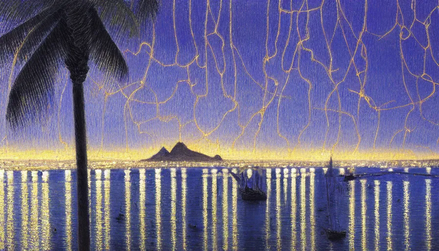 Image similar to a ultradetailed beautiful painting of the night sky of the rio de janeiro palace balustrade designed by jules bastien - lepage, tarsila do amaral, frank weston and gustave baumann, beach, trending on artstation, mediterranean, palm trees, sharp focus, lightning sparkles refraced lines, soft light, 8 k 4 k