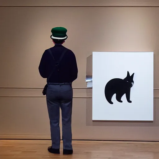 Prompt: postman pat in an art gallery with his cat jess, white gallery, performance art, contemporary, photorealistic