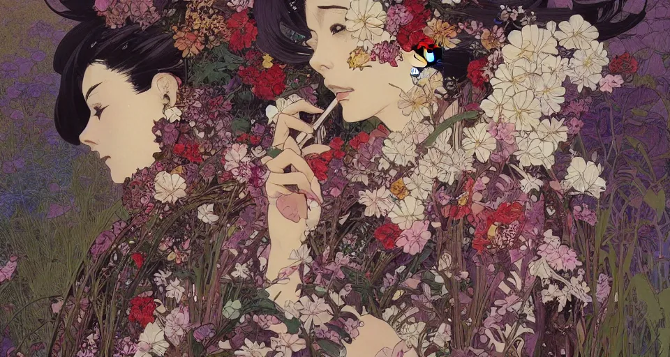 Image similar to oil painting, long shot, beautiful floralpunk japanese bio mechanical female walking illustration detailed patterns art of japan traditional dress, flower pop art, floral splash painting, art by ashley wood, alphonse mucha, makoto shinkai, geof darrow, dark shadow