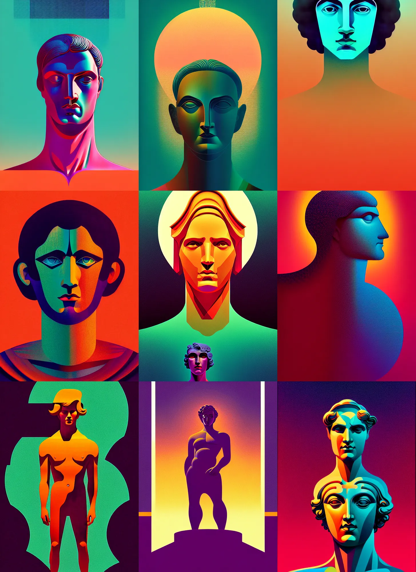 Prompt: ( ( dither ) ), editorial illustration portrait of a greek statue, ( ( emma lindstrom ) ), modern art deco, colorful, ( ( mads berg ) ), christopher balaskas, victo ngai, moebius, rich grainy texture, detailed, dynamic composition, wide angle