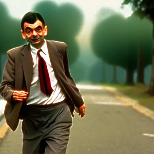 Image similar to mr. bean as forest gump. movie still. cinematic lighting.