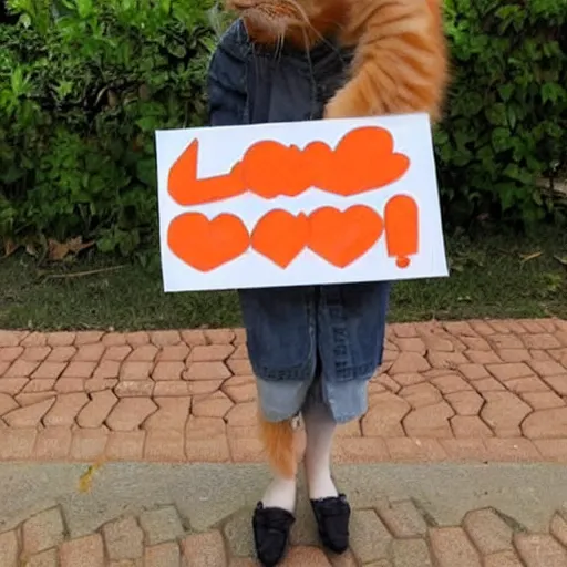 Prompt: cute orange tabby cat that holds a sign that says