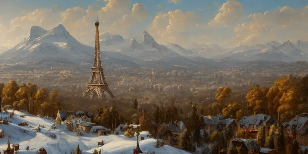 Prompt: a beautiful classical landscape painting of a large modern european city with the alps in the distance in the background, eifel tower, mountains, snow, oil on canvas, highly detailed, 4 k, hd