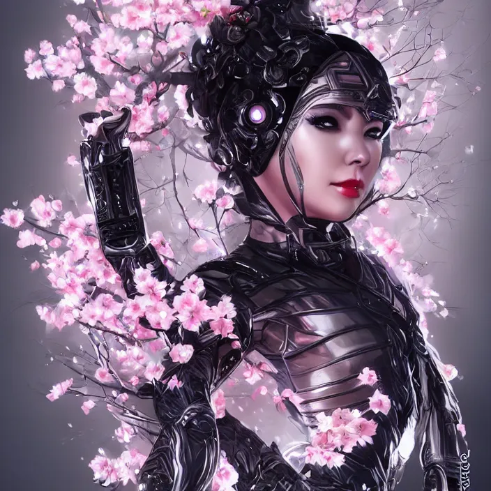 Image similar to a photograpic portrait of a anthropomorphic bjork cherry - blossom wearing futuristic black cyber outfit, fantasy, intricate, elegant, highly detailed, digital painting, artstation, concept art, smooth, sharp focus, illustration, art by artgerm