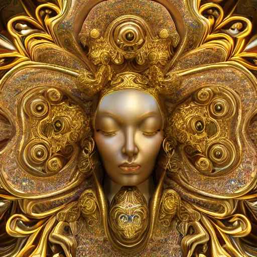 Prompt: psychadelic goddess made of golden marble, beautiful face, hyper detailed, flowing psychadelic background intricate and detailed, ornate 8 k gorgeous intricate detailed, octane render