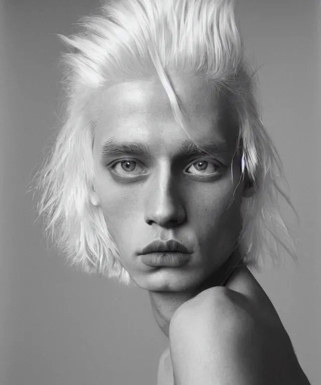 Image similar to a color photograph of a non binary model, platinum blonde, by robert mapplethorpe, intense, bold, hyperrealistic, ultra sharp, extra details, ultra high quality, trending on pinteresst