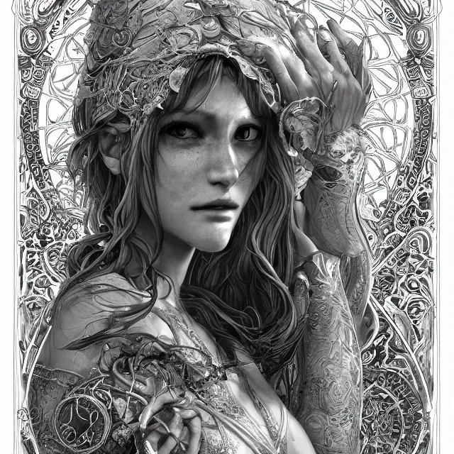 Image similar to the portrait of chaotic good female druid alchemist as absurdly beautiful, gorgeous, elegant, young gravure idol, an ultrafine hyperdetailed illustration by kim jung gi, irakli nadar, intricate linework, sharp focus, bright colors, octopath traveler, final fantasy, unreal engine 5 highly rendered, global illumination, radiant light, detailed and intricate environment